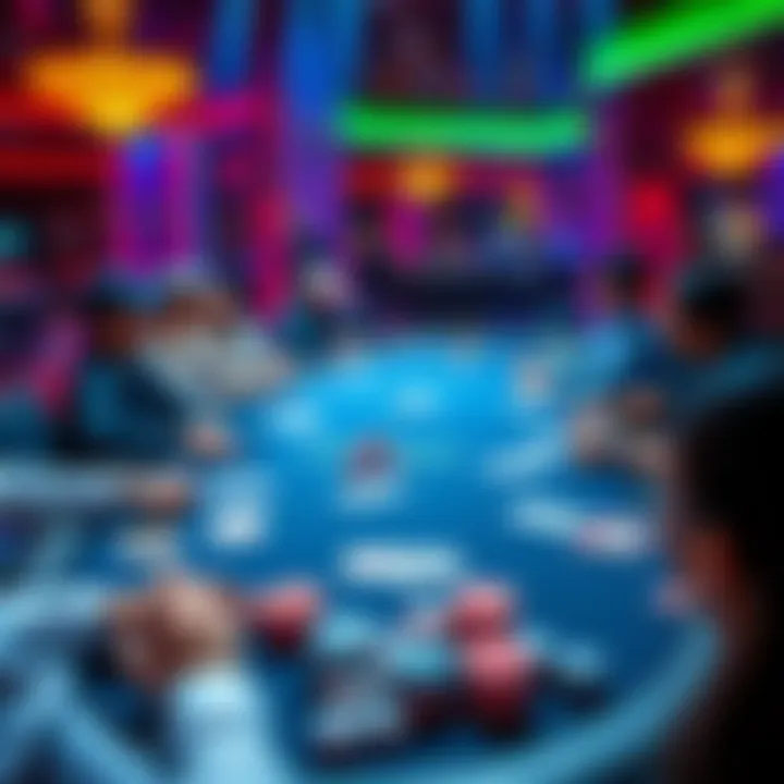 A vibrant poker table with players engaged in a low-stakes NLH cash game in Macau, surrounded by chips and cards