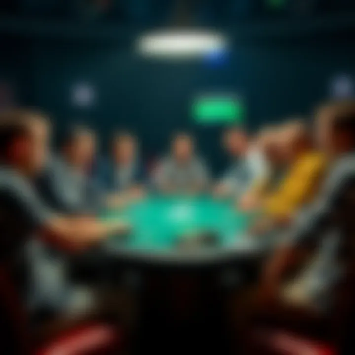 A group of players sitting around a poker table engaged in a live poker game, with chips and cards in front of them.