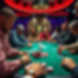 A group of players at a live poker table focused on their cards and chips, with chips and cards spread out on a green felt table.