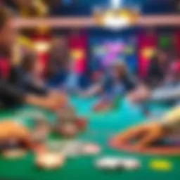 A vibrant poker table showing players engaged in a game with colorful chips and cards.