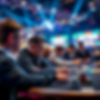 A group of professional players focused at a poker table during a live multi-table tournament, showcasing their intensity and strategy.