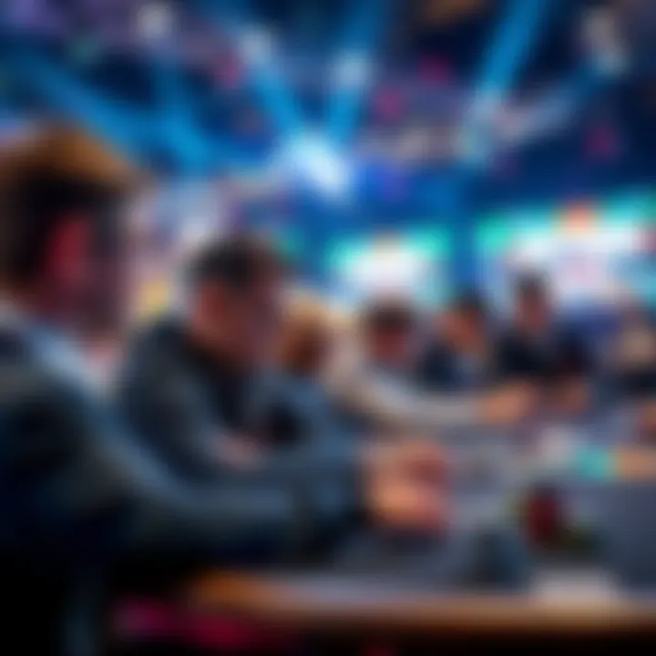 A group of professional players focused at a poker table during a live multi-table tournament, showcasing their intensity and strategy.