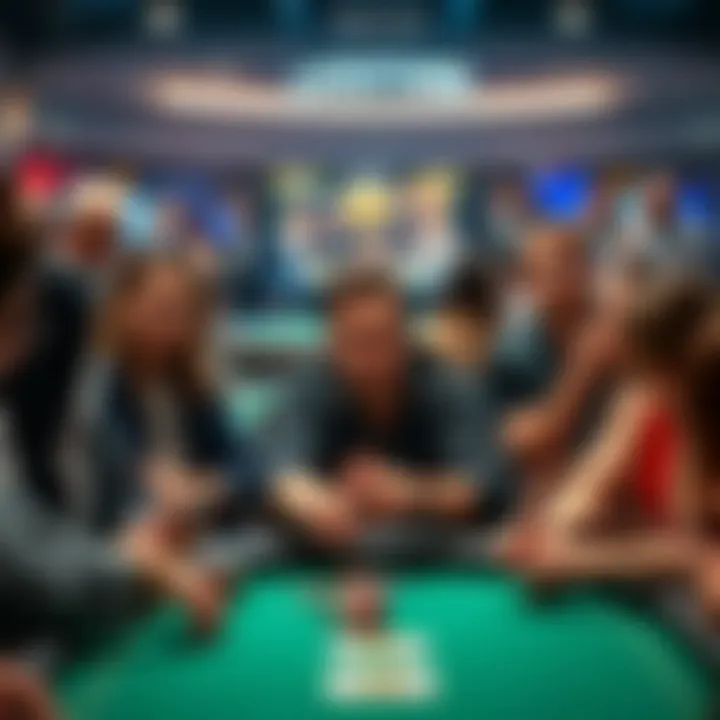 Live Poker vs Online Poker A table of players engaged in live poker, showing various expressions and focused actions, contrasting their behavior with an online poker scene in the background.