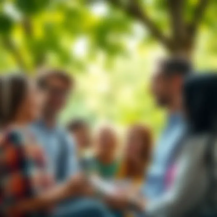 A group of people engaged in a chat, showing excitement about new opportunities, with greenery in the background