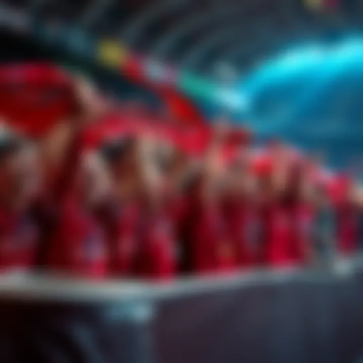 A crowd of Liverpool FC fans celebrating with scarves and jerseys, showing excitement for the upcoming game.