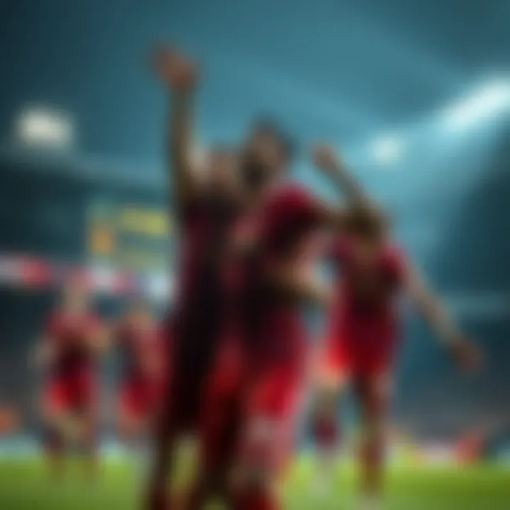 Liverpool football players celebrating a goal during the tense second half of the match