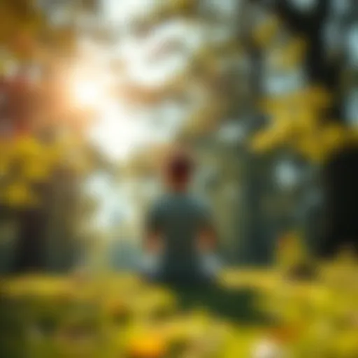 A serene scene of a person meditating in nature, surrounded by trees and sunlight, emphasizing mindfulness and presence.