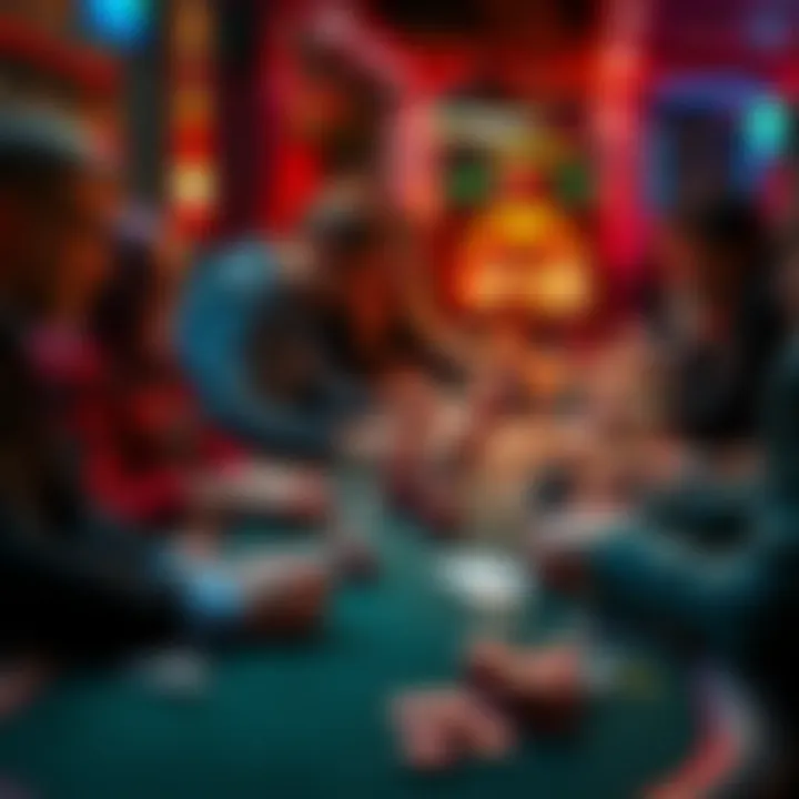 A group of people playing poker at a restaurant league, focusing on their cards and chips, with a timer showing increasing blinds.