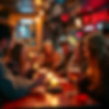 Friends celebrating at a local bar on Valentine's Day A group of friends enjoying drinks together at a cozy local bar, celebrating Valentine's Day with laughter and joy.