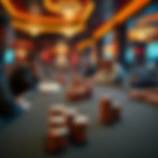 A poker table at a local casino with players focused on the game and chips stacked on the table.