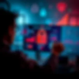 A person analyzing data on a computer screen while surrounded by security icons and graphics, symbolizing protection and strategy for the year 2026.