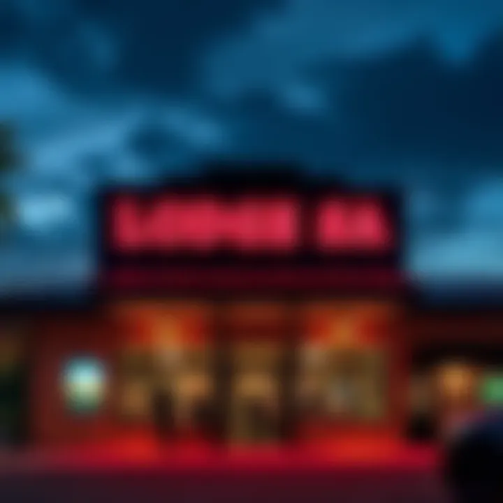 Exterior view of Lodge SA poker club with people discussing inside