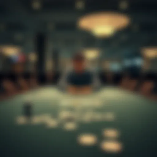 A person with a troubled expression sits alone at a casino table, surrounded by empty chairs and scattered playing cards, symbolizing isolation from gambling struggles.