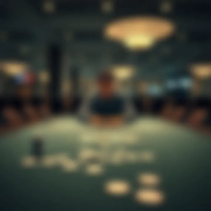 A person with a troubled expression sits alone at a casino table, surrounded by empty chairs and scattered playing cards, symbolizing isolation from gambling struggles.
