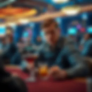 A 39-year-old man sitting alone at a casino table, looking anxious while holding a drink in front of him, surrounded by lively game tables and players, but feeling unnoticed.