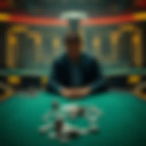 A man sits alone at an empty poker table, looking lost and reflective. Chips and cards are scattered around, highlighting loss and isolation.