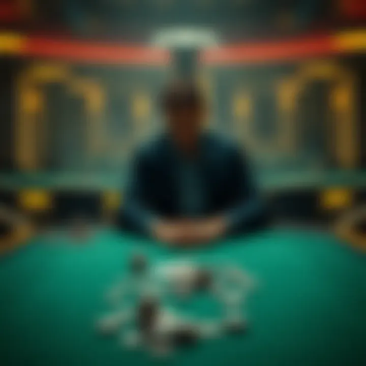 A man sits alone at an empty poker table, looking lost and reflective. Chips and cards are scattered around, highlighting loss and isolation.