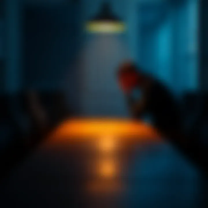 Lonely man reflecting on his past A man sitting alone at a dimly lit table with his head in his hands, surrounded by empty chairs, symbolizing isolation after quitting gambling.