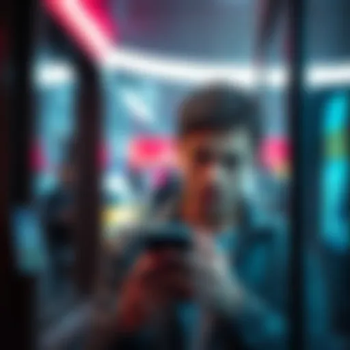 A person looking frustrated while checking their phone, waiting for a cash withdrawal to process.