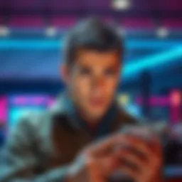 A worried man staring at his phone, contemplating the loss of his paycheck to gambling