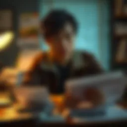 Loss of Money A concerned person sitting at a desk, looking at bills and financial documents, reflecting on their financial situation after losing money.