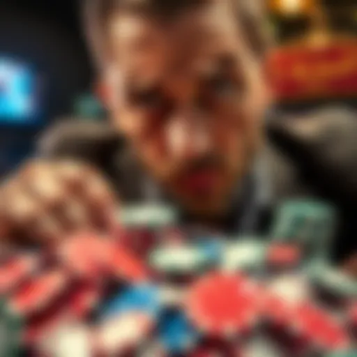A man looking worriedly at a pile of gambling chips and cash, symbolizing loss in gambling.