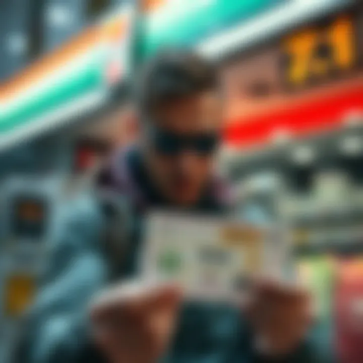 A worried player holding a lottery ticket with a 7/11 store in the background, searching for evidence of theft.
