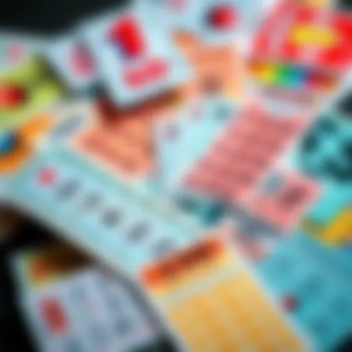 A close-up of lottery draw tickets and colorful scratch cards spread out on a table.