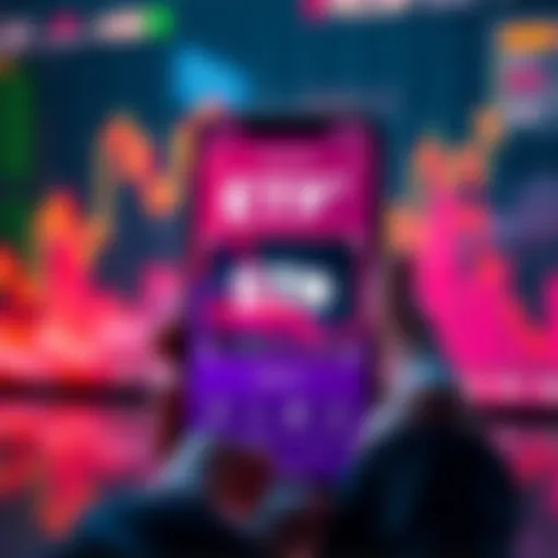 Lottery app investing in ETFs A smartphone displaying a lottery app that allows players to invest winnings in ETFs like SPY, with a background showing market trends