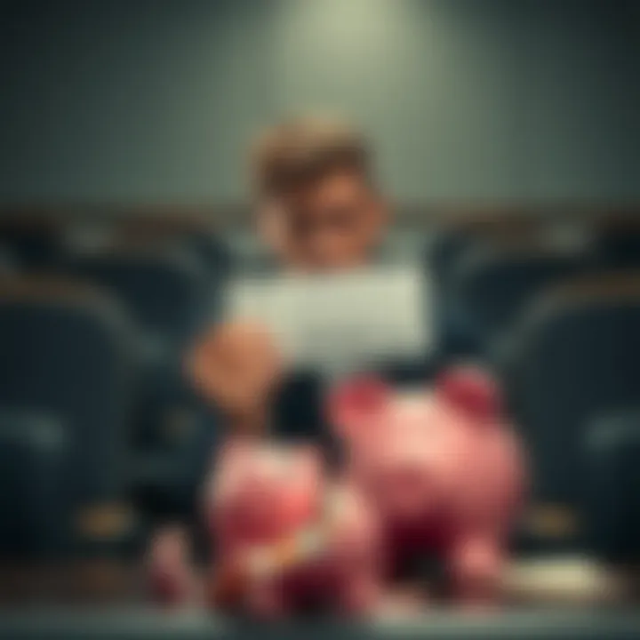 A person looks disappointed while holding a lottery ticket, surrounded by empty seats and a broken piggy bank, symbolizing the fairness concerns in lotteries and education funding.