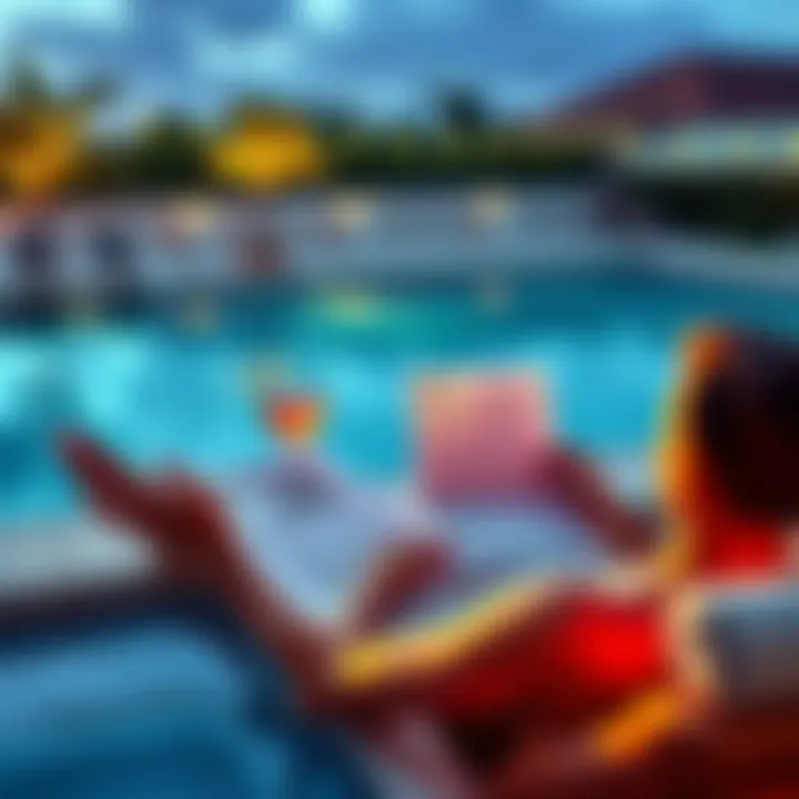 A person relaxing by a pool with a drink, looking at financial documents about high-interest savings accounts and bonds.