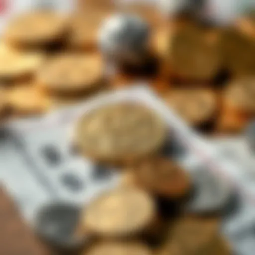 A close-up of a lottery ticket and coins, symbolizing a 50-cent gamble for a big jackpot of 24000 dollars.