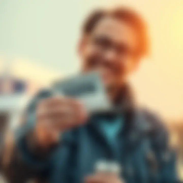 A person holding a winning lottery ticket with cash in hand, smiling at the prospect of financial freedom.