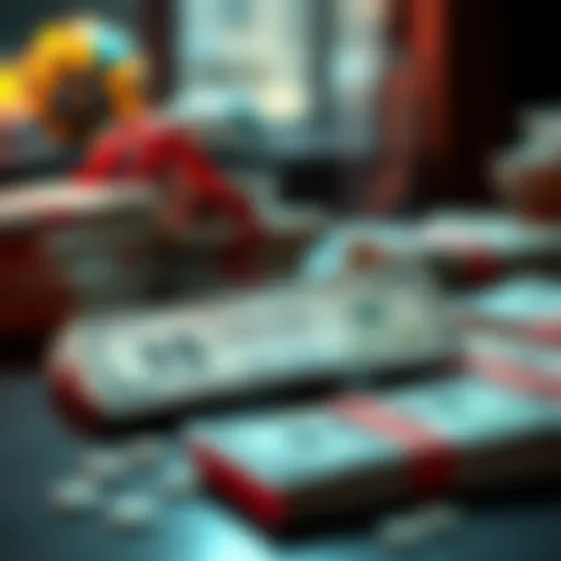 A lottery ticket on a table next to stacks of cash, symbolizing big winnings