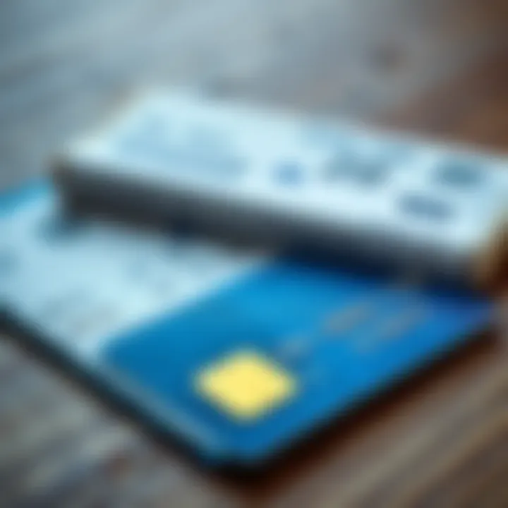 Close-up of a lottery scratch card with a credit card beside it on a wooden table