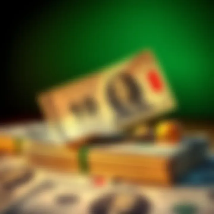 A lottery ticket placed on top of stacked dollar bills, symbolizing a chance to win big with a small investment.