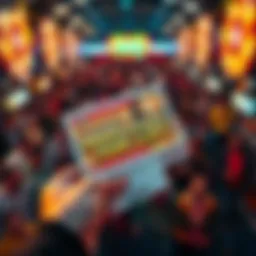 A hand holding a lottery ticket for Millionaire for Life, featuring bright colors and graphics indicating potential winnings, set against a blurred background of a crowd of hopeful players.