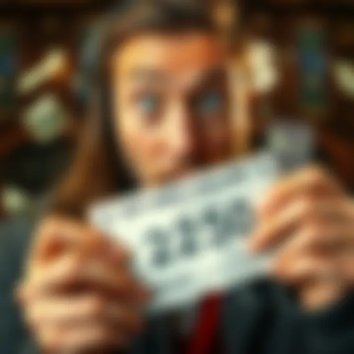 A person looks shocked while holding a scratched lottery ticket that shows a winning amount, with cash scattered around suggesting a quick loss, reflecting the ups and downs of gambling.
