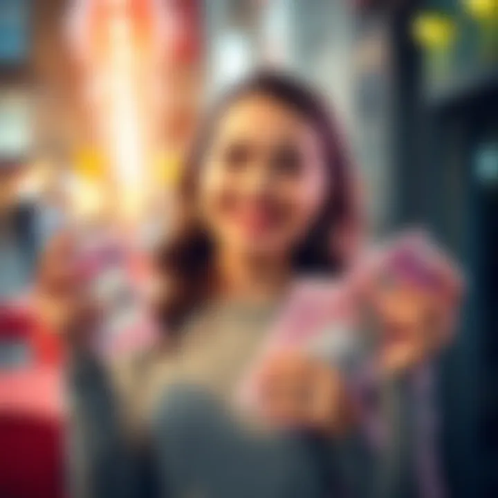 A woman happily holding lottery tickets and cash after winning $2900