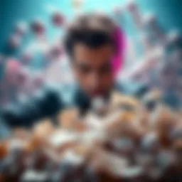 Lottery tickets and a disappointed person A person looking at a pile of lottery tickets with a frustrated expression, surrounded by crumpled papers and empty hopes.