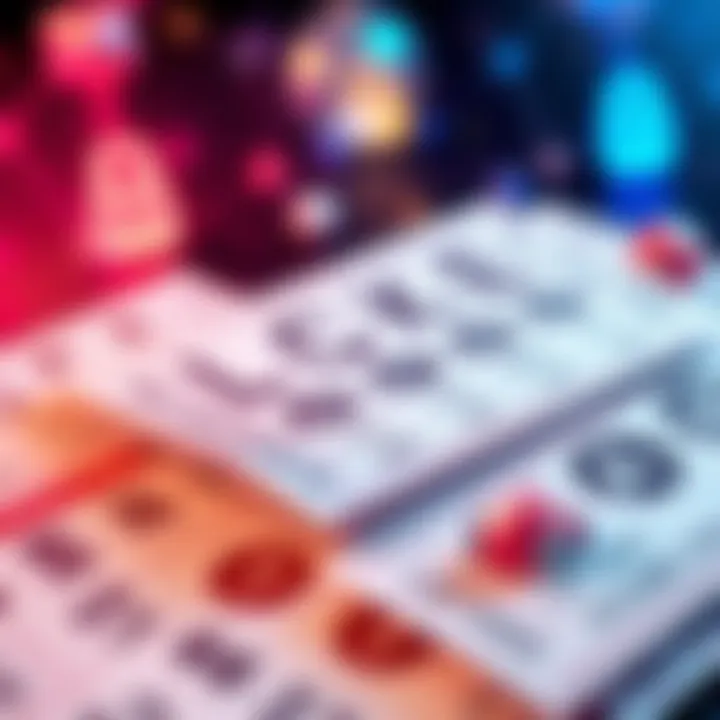 A colorful display of lottery tickets with digital links and symbols representing online gaming access.