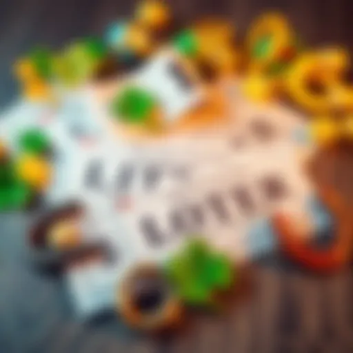 A collection of colorful lottery tickets with lucky charms like four-leaf clovers and horseshoes nearby