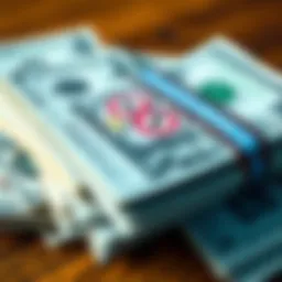 A close-up of lottery tickets stacked alongside dollar bills, highlighting the contrast between ticket prices and potential winnings.