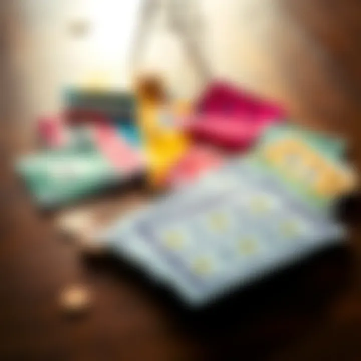 A variety of colorful lottery tickets displayed on a wooden table with a few coins nearby