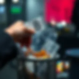 A hand reaching into a trash can to pull out lottery tickets