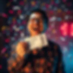 A joyful person holding a lottery ticket with confetti falling around them, celebrating a big win.