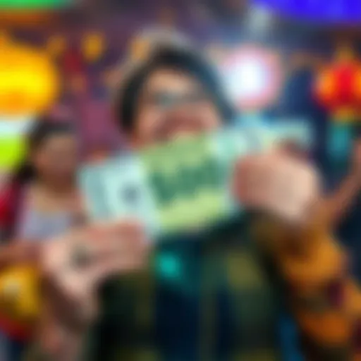 A person happily holding a winning lottery ticket and cash, showing excitement after a long break from playing.