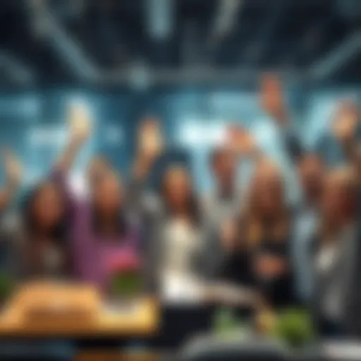 A group of people celebrating a lottery win in an office setting with smiles and cheers