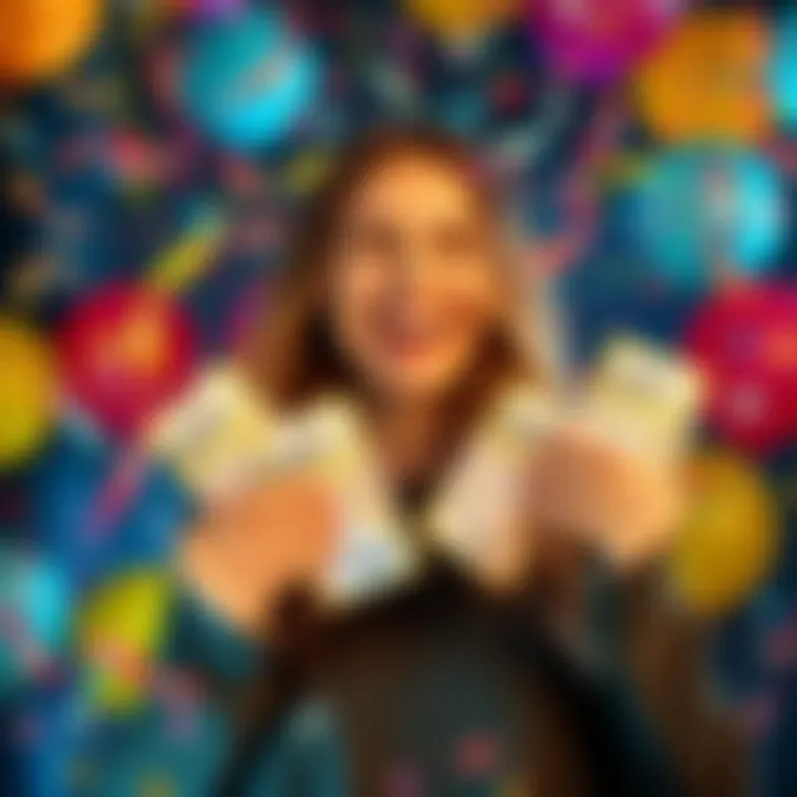 A joyful person holding lottery tickets with a big smile, surrounded by confetti and colorful balloons, showing excitement without revealing any winnings.