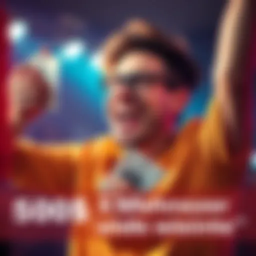A joyful player holding a lottery ticket with a big smile after winning 500 dollars, arms raised in excitement.